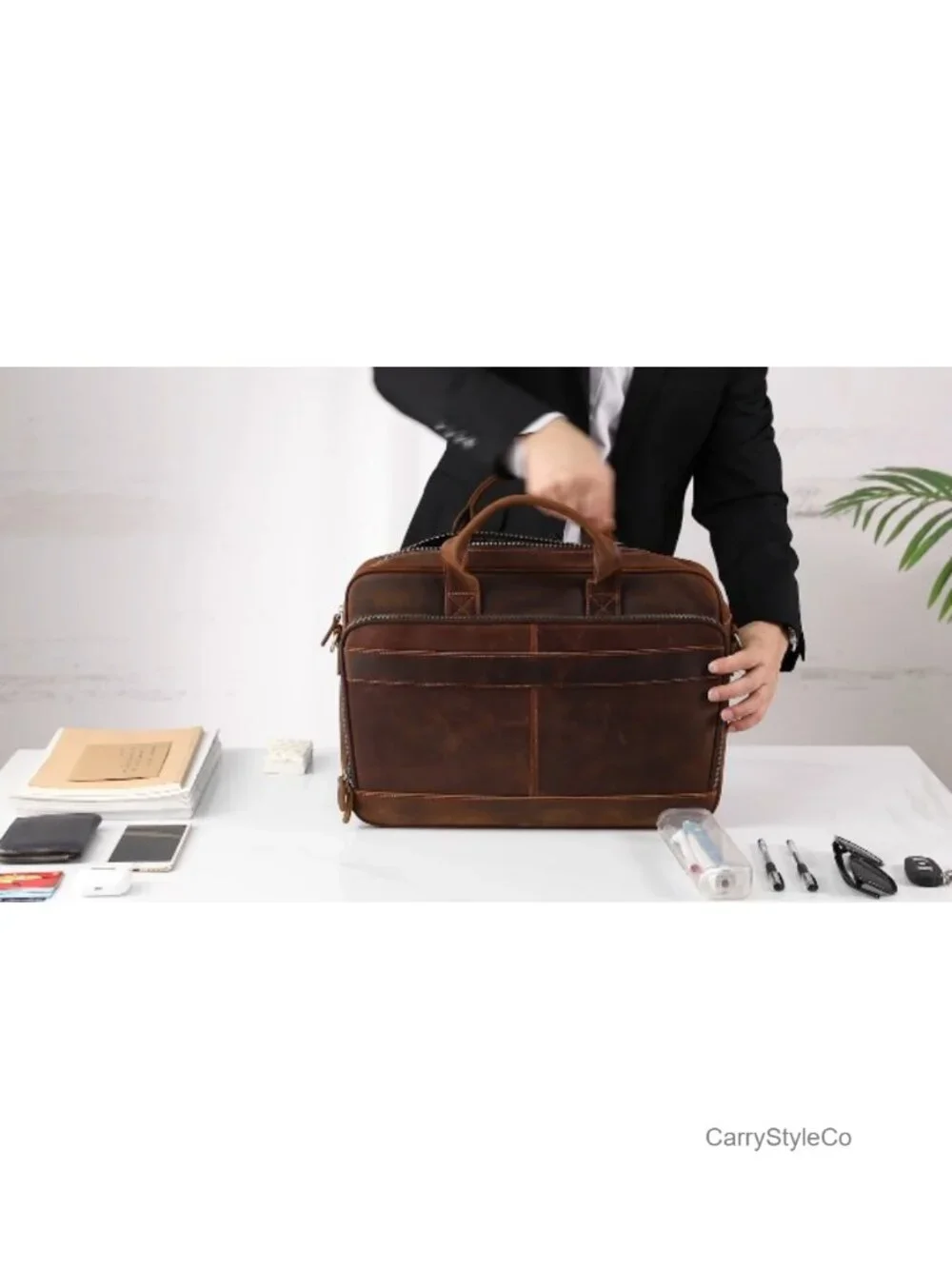 Full Grain Leather Briefcase for Men, Business Messenger Bag Laptop Bag Fits